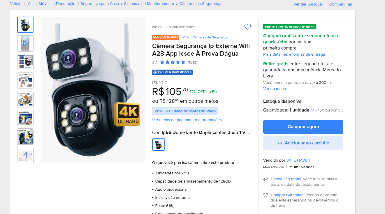 Página do Mercado Livre da categoria de câmeras de segurança