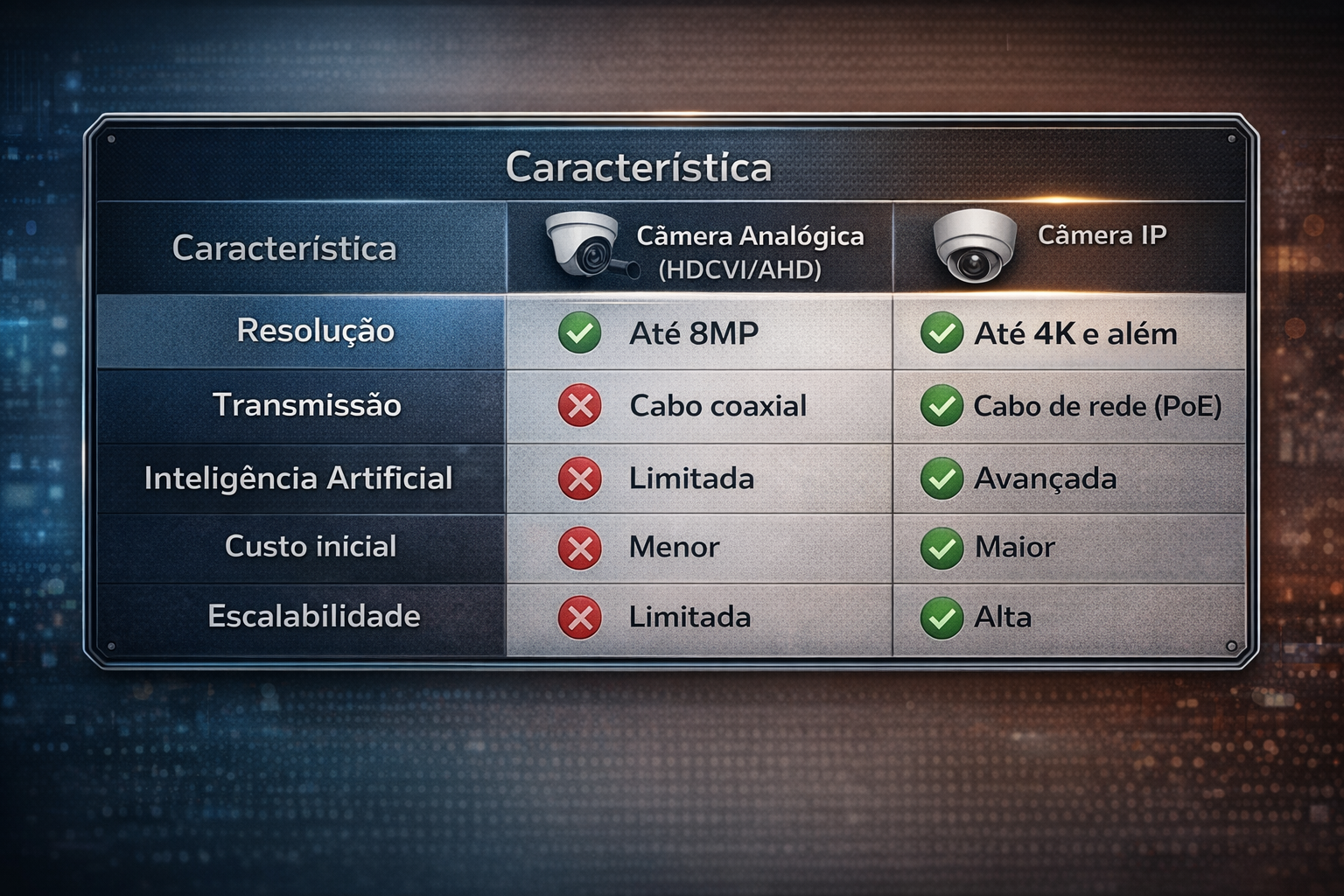 Imagem de tabela comparativa entre Câmera Analógica e Câmera IP