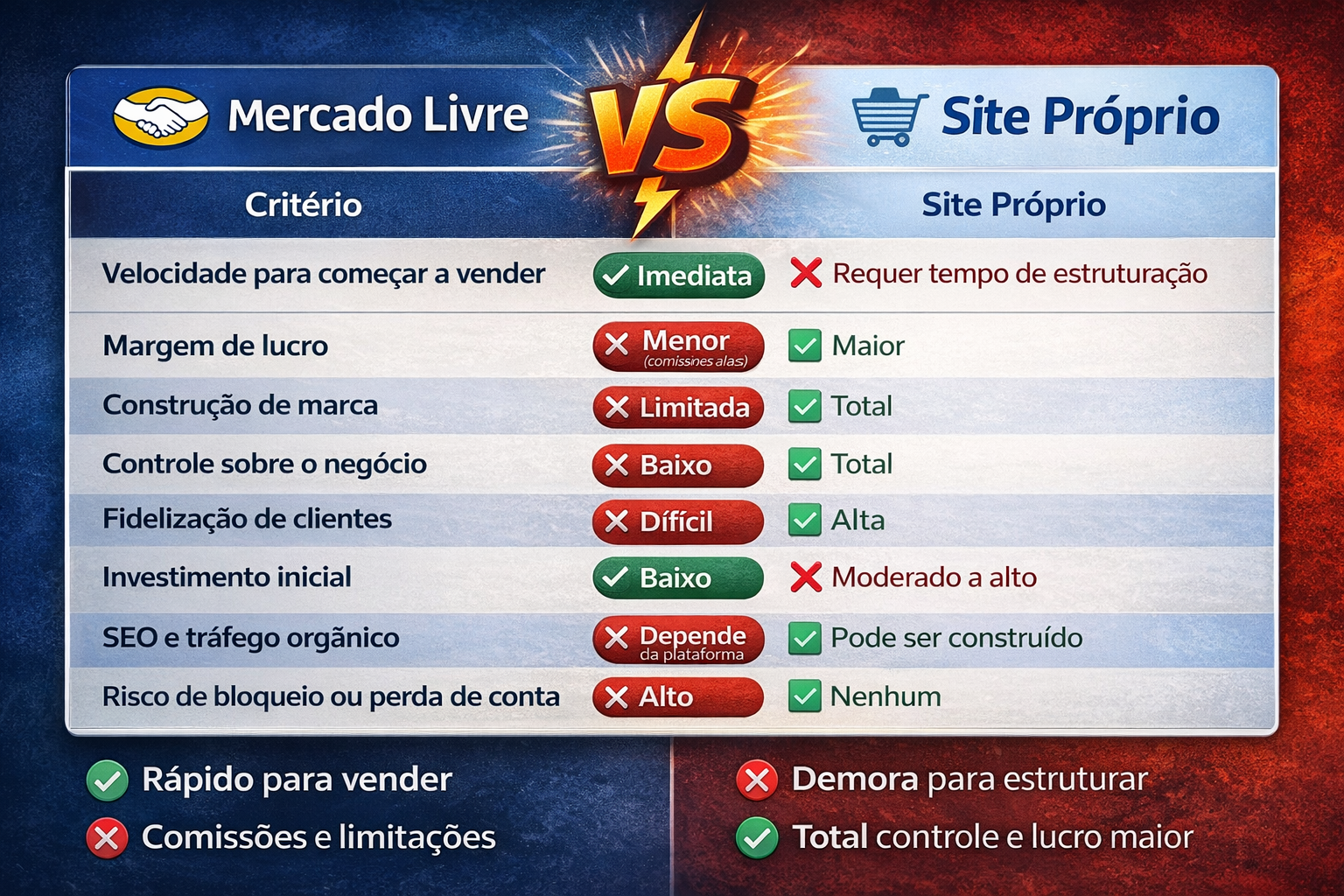 Imagem de tabela comparativa entre Mercado Livre e Site Próprio