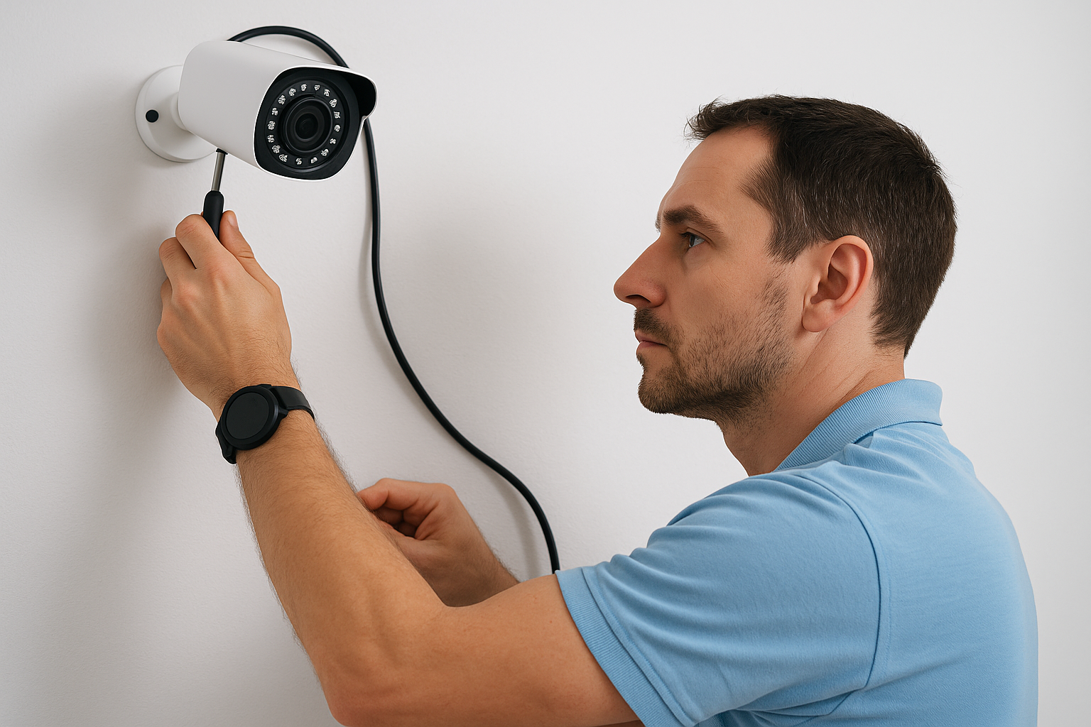 Homem instalando câmera de segurança